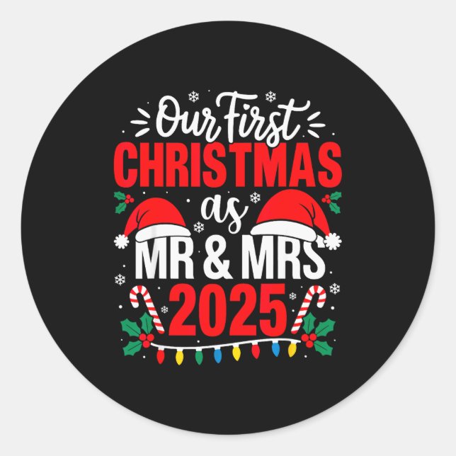 Cute Our First Christmas As Mr &amp; Mrs 2025 Coup Runder Aufkleber (Vorderseite)