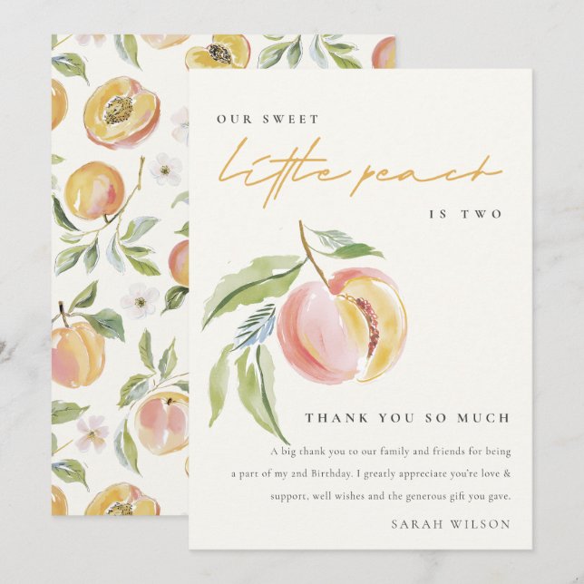 Cute Our Little Sweet Peach Watercolor Birthday Dankeskarte (Vorne/Hinten)