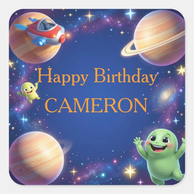 Cute Outer Space Aliens Birthday Party Quadratischer Aufkleber (Vorderseite)