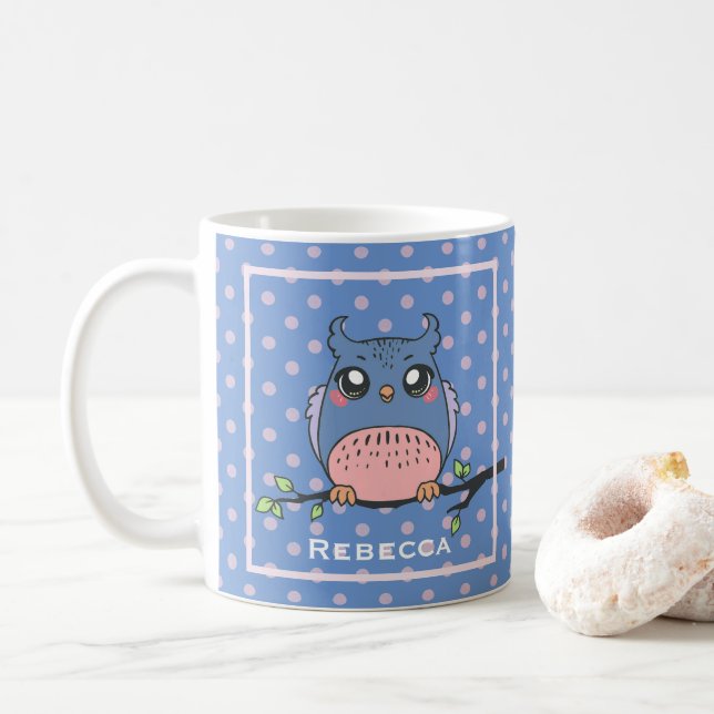 Cute Owl Art Dotty Personalised Blue and Pink  Kaffeetasse (Mit Donut)