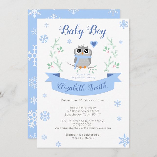Cute owl baby boy winter babyshower einladung (Vorne/Hinten)