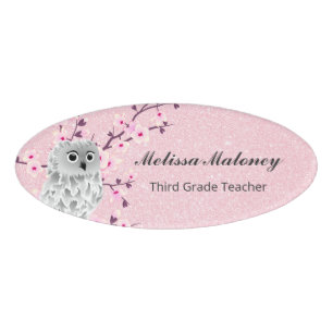 Cute Owl Cherry Blossoms Pink Glitter Teacher Namenschild