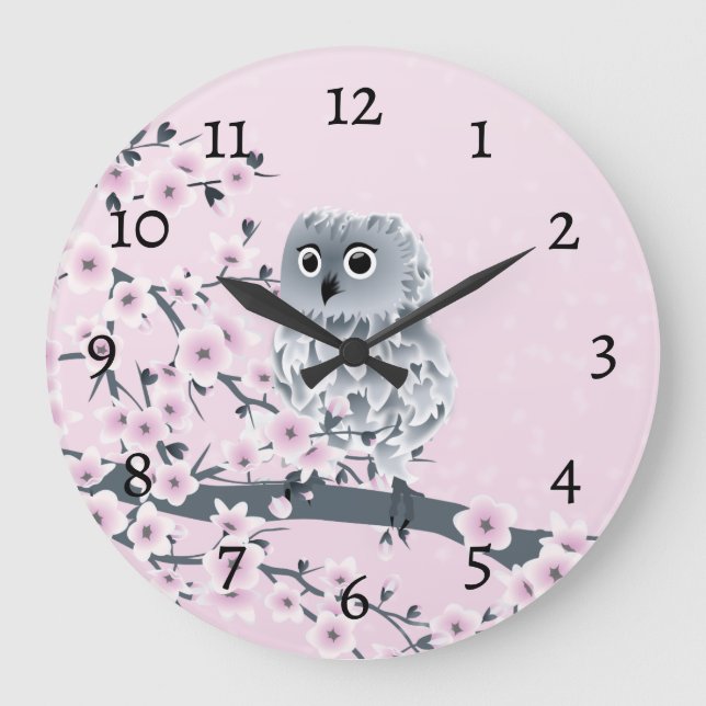Cute Owl Cherry Blossoms Pink Numbers Große Wanduhr (Vorderseite)
