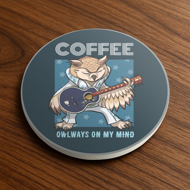Cute Owl Coffee Owlways On My Mind Guitar Cartoon Getränkeuntersetzer (Von Creator hochgeladen)