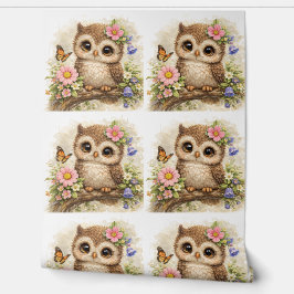 Cute Owl Floral Pattern Wallpaper Nursery Tapete