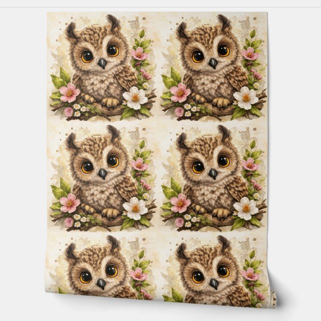 Cute Owl Floral Pattern Wallpaper Nursery Tapete (Abrollen)