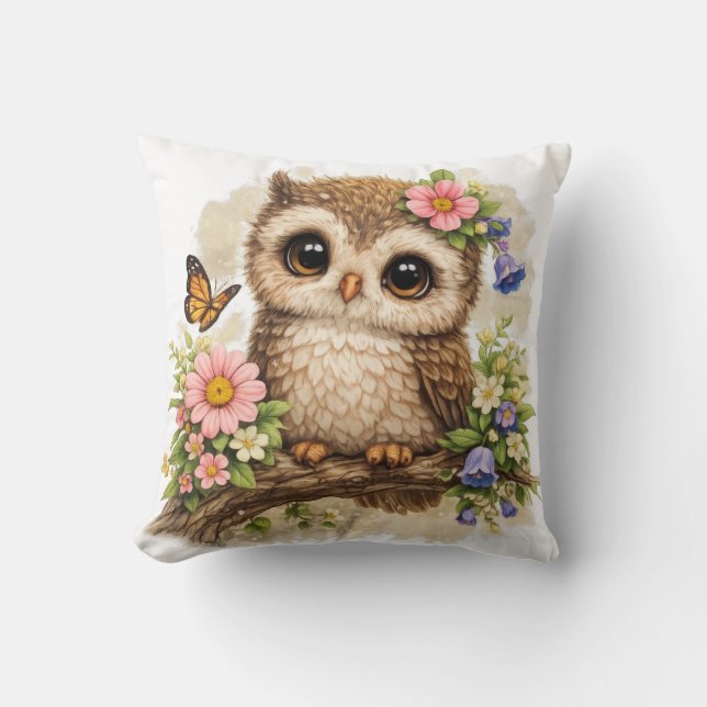 Cute Owl Floral Pillow Kawaii Animal Nursery Decor Kissen (Vorderseite)