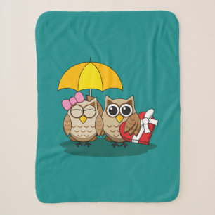 Cute Owl Lovers w/ Umbrella & Red Chocolate Box Sherpadecke