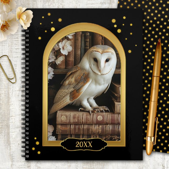 Cute Owl Teacher Class Year  Planer (Gold and black year planner featuring a cute barn owl on books, surrounded by festive confetti)