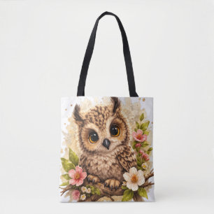 Cute Owl Tote Bag Big Eyes Floral Animal