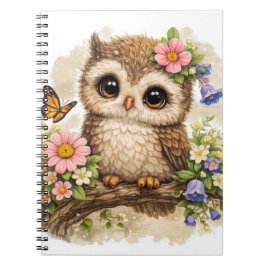 Cute Owl with Flowers Kawaii Woodland Cottagecore  Notizblock
