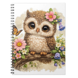 Cute Owl with Flowers Kawaii Woodland Cottagecore Notizblock