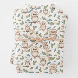 Cute owls in a wood geschenkpapier set