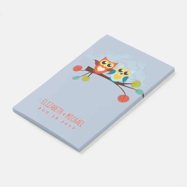 Cute OWLS Themed Wedding Blue Orange Post-it Klebezettel (angewinkelt)