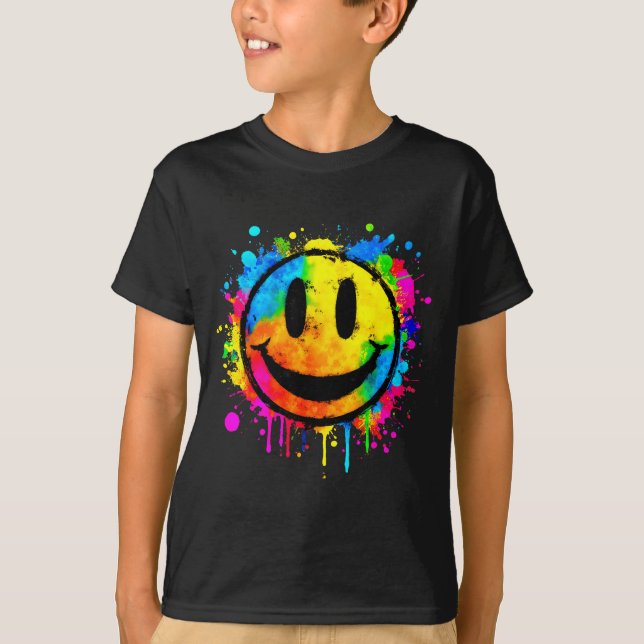 Cute Paint Splash Happy Smile Face 70s Tie Dye Smi T-Shirt (Vorderseite)