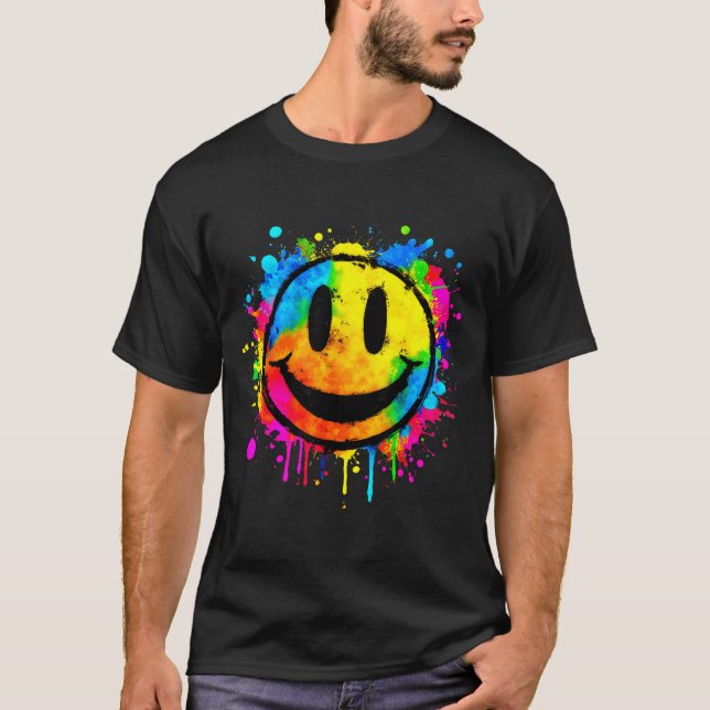 Cute Paint Splash Happy Smile Face 70s Tie Dye Smi T-Shirt (Vorderseite)