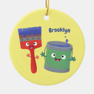 Cute paintbrush and paint cartoon characters keramik ornament