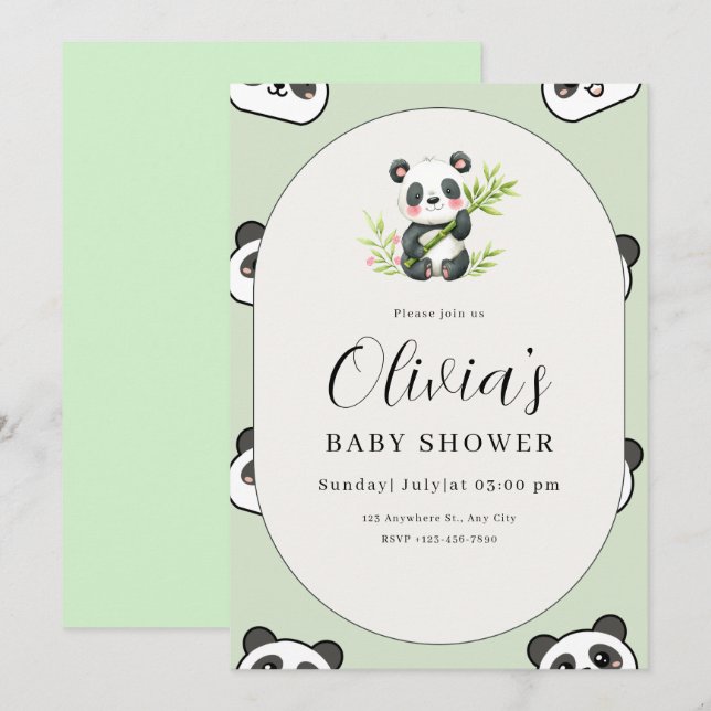 Cute Panda Baby Shower Green Botanical Panda Theme Einladung (Vorne/Hinten)