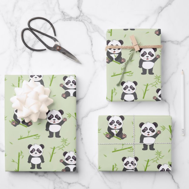 Cute Panda Bear Bamboo Kawaii Animals Pattern Geschenkpapier Set (Vorderseite)