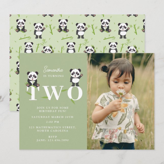 Cute Panda Bear Kawaii Kids Two 2 Birthday Photo Einladung (Vorne/Hinten)