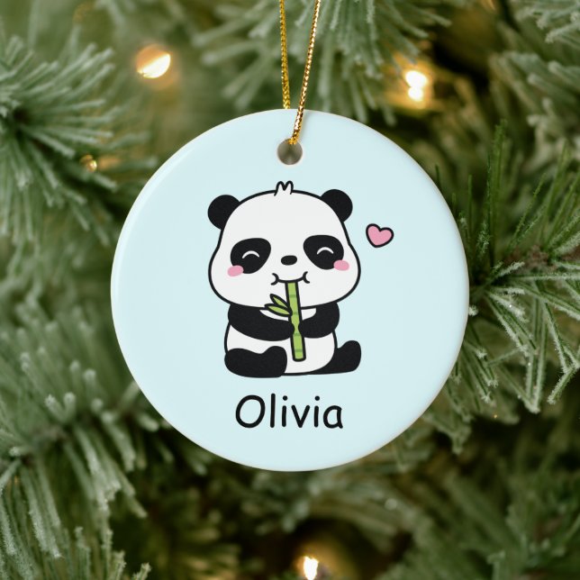 Cute Panda Cub Munching On Bamboo, Kids Name Keramik Ornament (Baum)