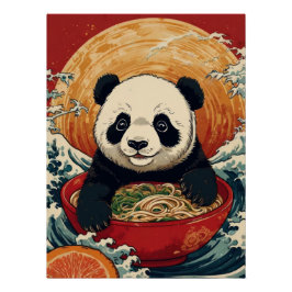 Cute Panda Eating Ramen in Japanese Ukiyo-e Style Poster
