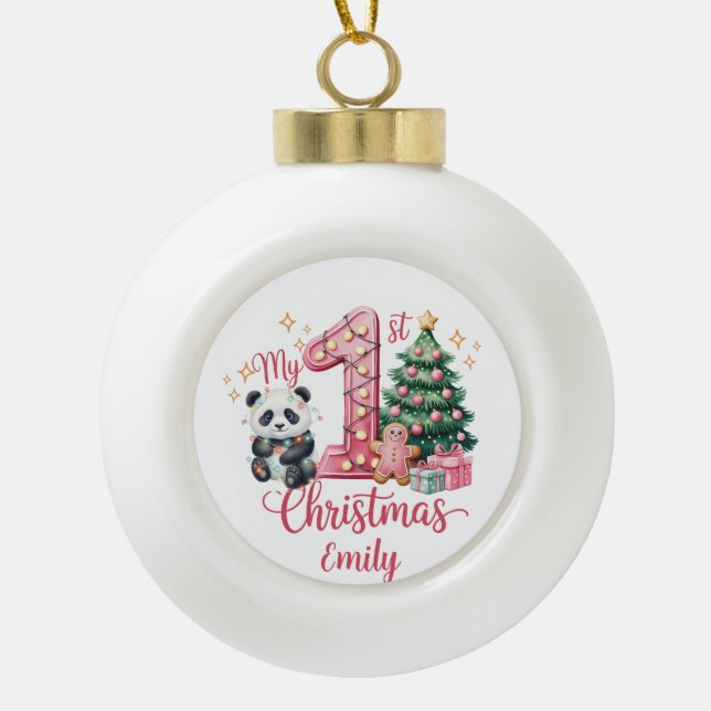 Cute Panda Pink My First Christmas Personalize  Keramik Kugel-Ornament (Vorderseite)