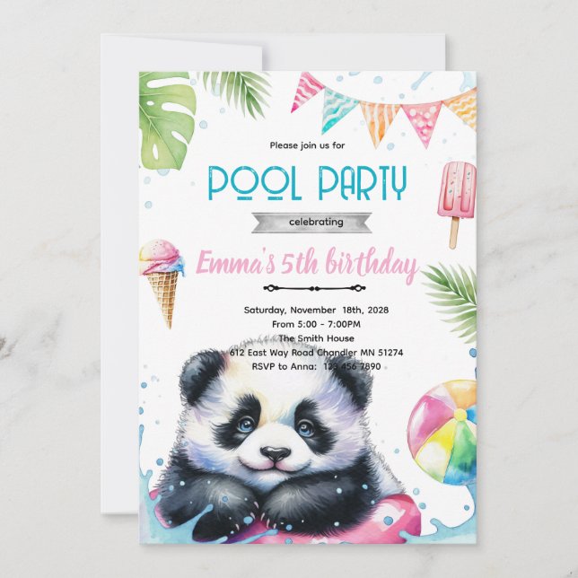 Cute panda pool theme invite einladung (Vorderseite)