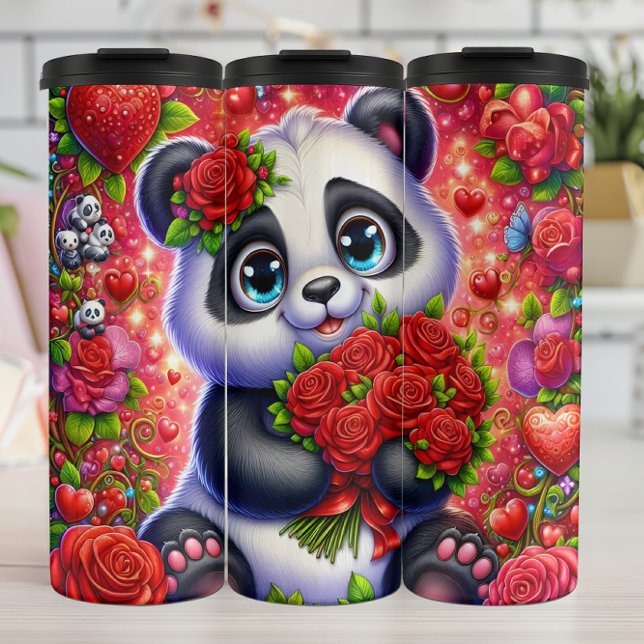 Cute Panda Red Rose Bouquet Wrap Thermosbecher (Von Creator hochgeladen)
