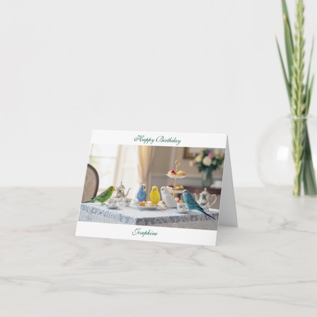 Cute Parakeet Budgies Afternoon Tea Birthday Karte (Vorderseite)