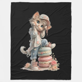 Cute Pastel Adorable Cat & Macaron Sweets Cozy  Fleecedecke