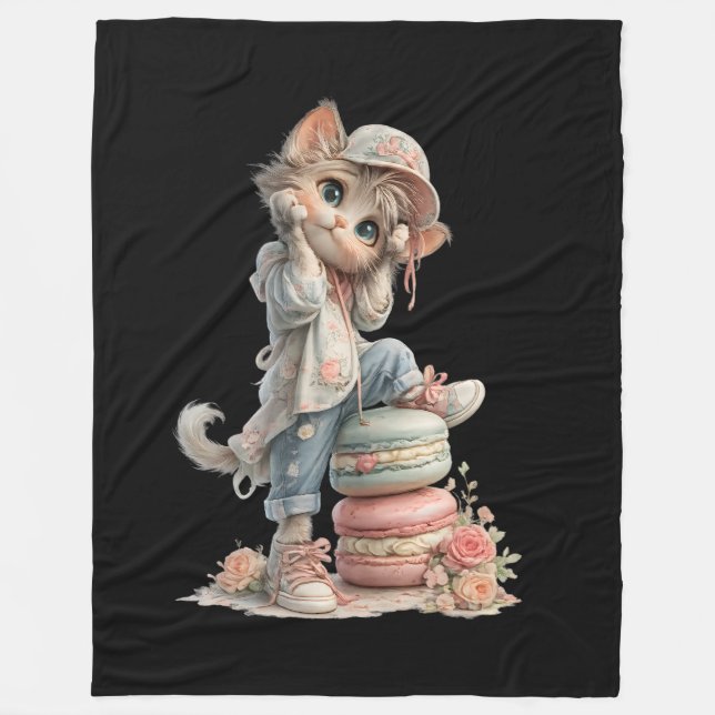 Cute Pastel Adorable Cat & Macaron Sweets Cozy  Fleecedecke (Vorderseite)