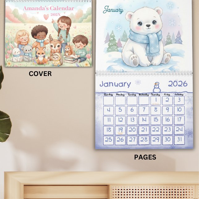 Cute Pastel Animals Personalized Kids 2026 Kalender (Von Creator hochgeladen)