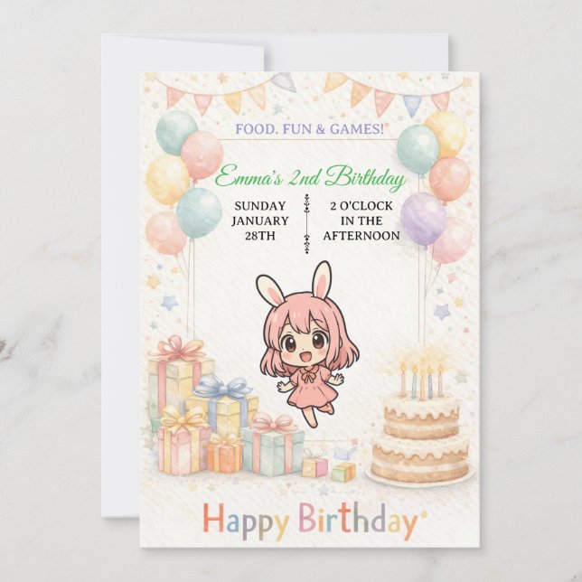 Cute Pastel Bunny Birthday Invitation Einladung (Vorderseite)