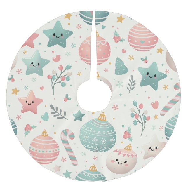Cute Pastel Christmas Pattern Ornaments and Stars Polyester Weihnachtsbaumdecke (Vorderseite)