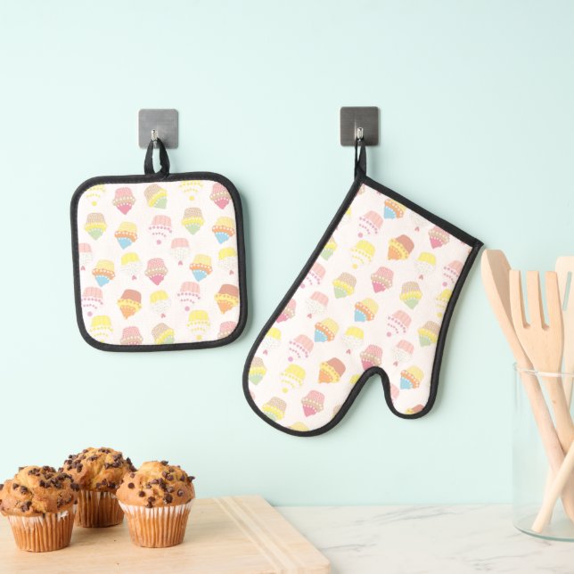 Cute Pastel Cupcake Pattern Ofenhandschuh & Topflappen-Set (Insitu (Hängend))
