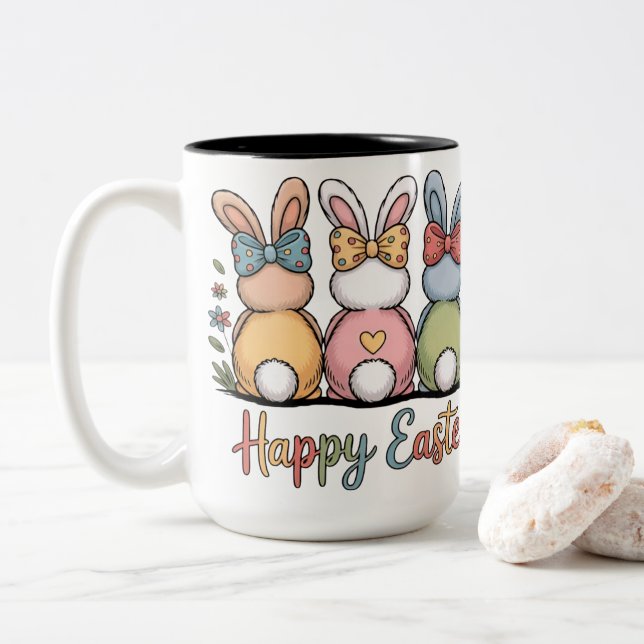 Cute Pastel Easter Bunnies | Whimsical Floral Happ Zweifarbige Tasse (Mit Donut)