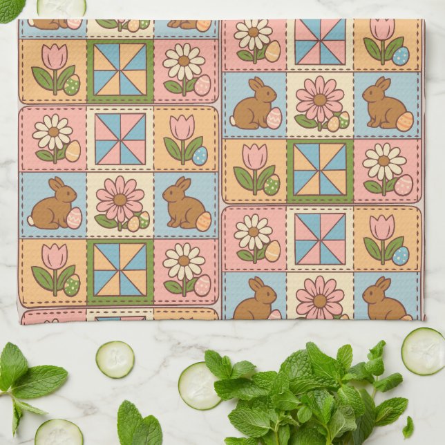 Cute Pastel Easter Bunny Flower Patchwork  Geschirrtuch (Gefaltet)