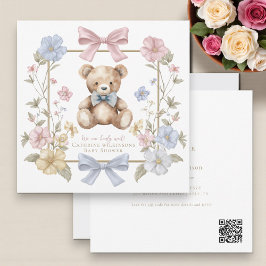Cute pastel Floral Teddy Bear Baby Shower QR code Einladung