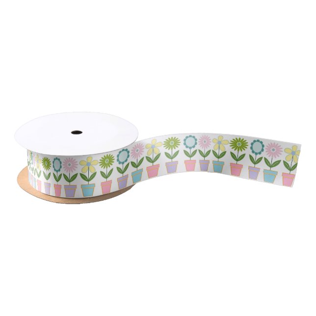 Cute Pastel Flower Pots Pattern Satinband (Spule)