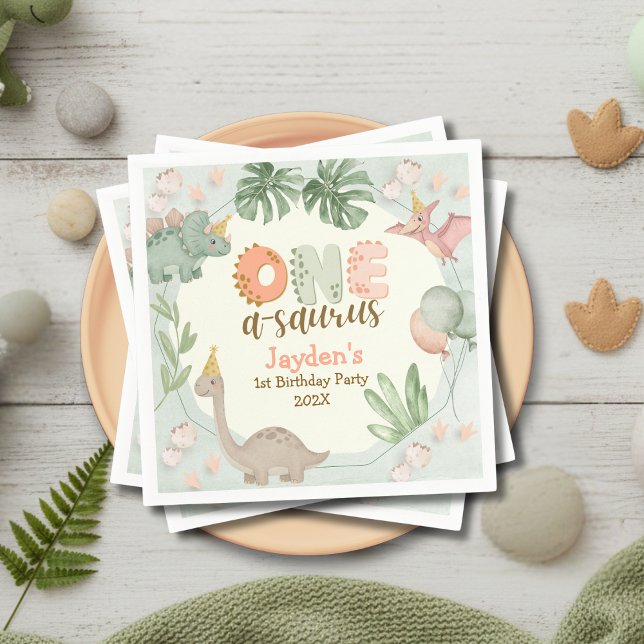 Cute Pastel Green Dinosaur One A Saurus Birthday  Serviette (Von Creator hochgeladen)