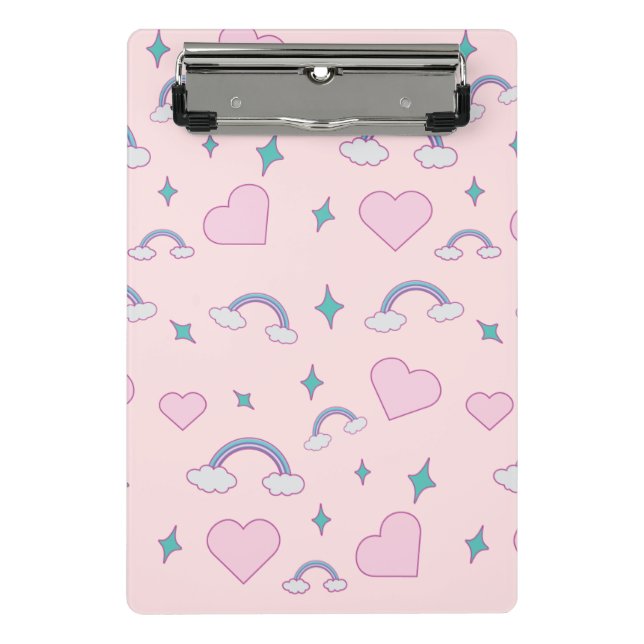 Cute Pastel Hearts & Rainbow Pattern | Kawaii Pink Mini Klemmbrett (Vorderseite)