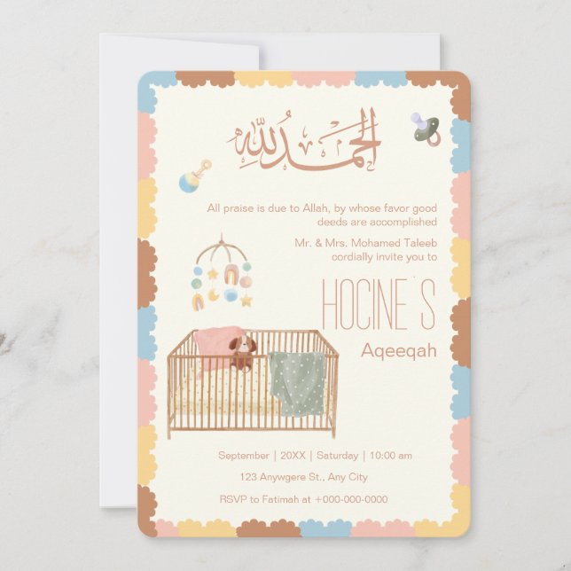 Cute Pastel Islamic Aqeeqah Baby Announcement Einladung (Vorderseite)