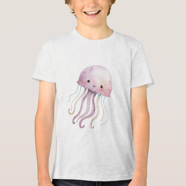 Cute Pastel Jellyfish Watercolor Illustration Tri-Blend Shirt (Vorderseite)