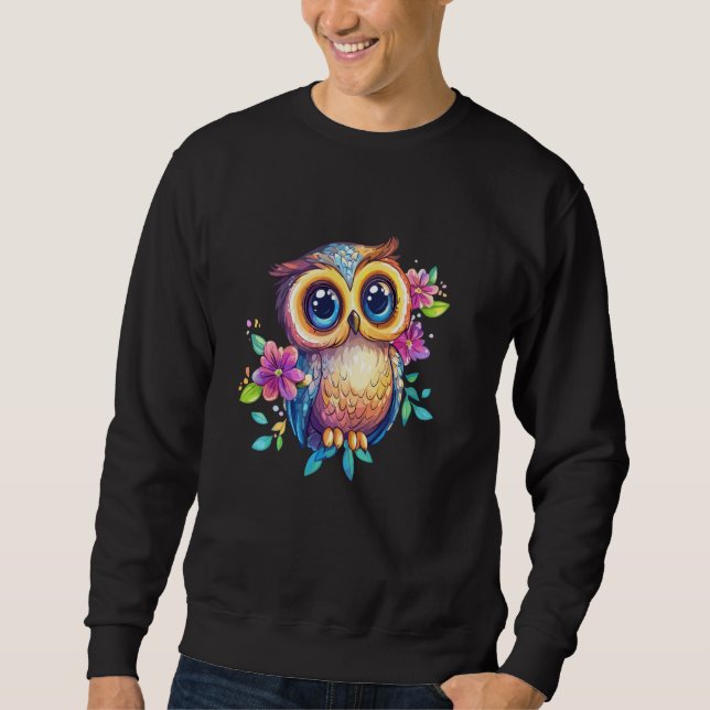 Cute Pastel Owl with Flowers Big Eyes Boho Nature Sweatshirt (Vorderseite)
