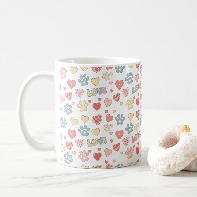 Cute Pastel Paw Prints and Hearts "LOVE" Pattern  Kaffeetasse (Mit Donut)