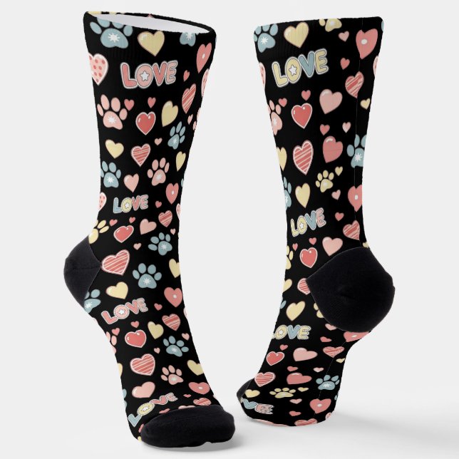 Cute Pastel Paw Prints and Hearts Pattern "LOVE"  Socken (Gewinkelt)