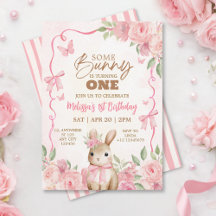 Cute Pastel Pink Bunny Floral Birthday
