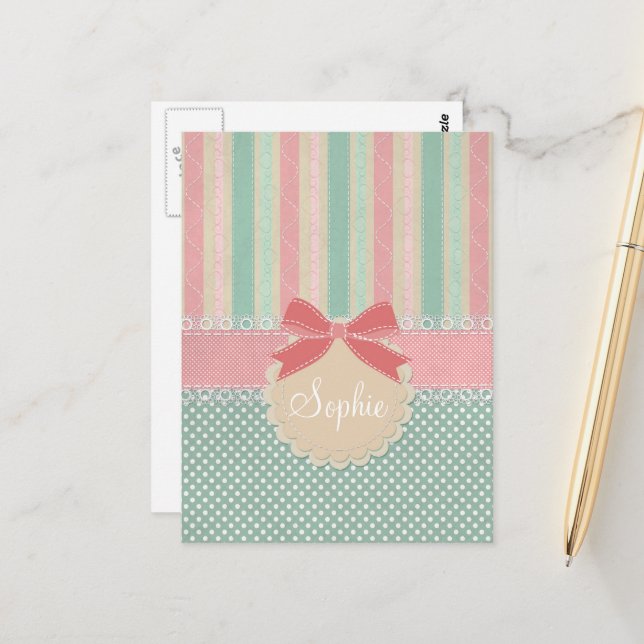 Cute Pastel Polka Dot & Stripes Design Postkarte (Vorderseite/Rückseite Beispiel)