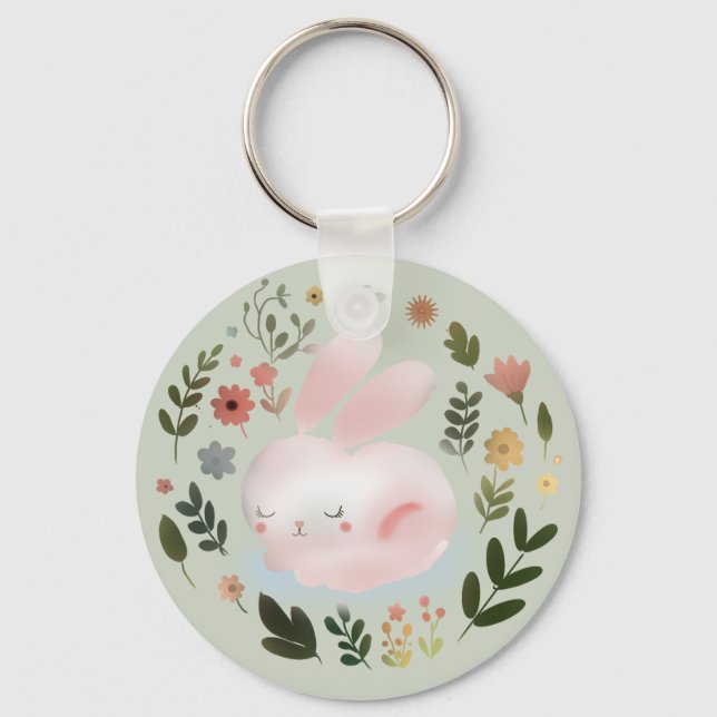 Cute Pastel Spring Bunny Floral Wreath Nursery Art Schlüsselanhänger (Vorderseite)